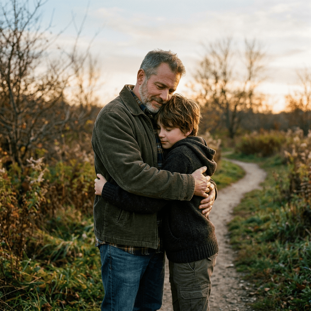 Father and son hugging on a pathway surrounded by autumn foliage